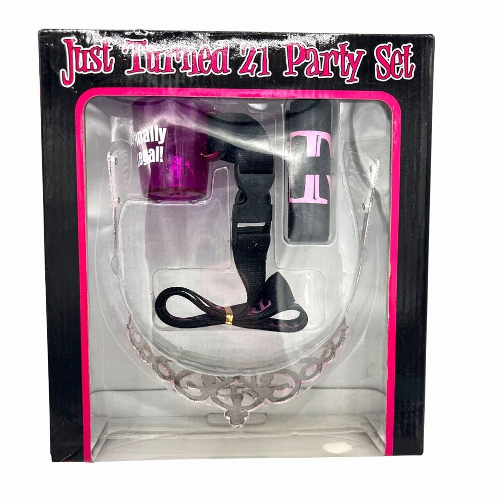 NIB JUST TURNED 21 PARTY SET NOVELTY SHOT GLASS LANYARD TIARA & SASH BOX SET
